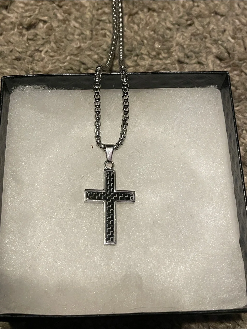 Men's Silver Cross Pendant Necklace with Black Inlay